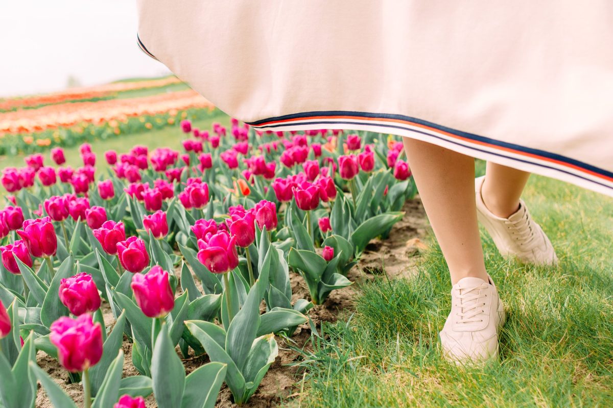 woman holiday day go along the alley tulips flowers outside